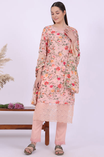 Orange Printed Straight Kurta with Trouser &amp; Dupatta Set