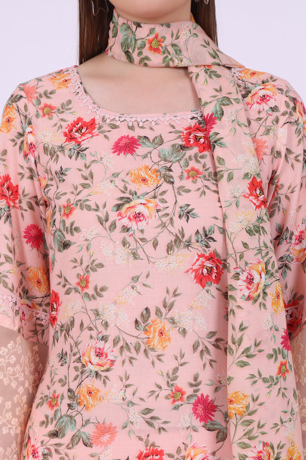 Orange Printed Straight Kurta with Trouser & Dupatta Set