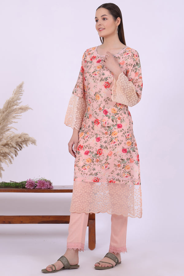 Orange Printed Straight Kurta with Trouser & Dupatta Set