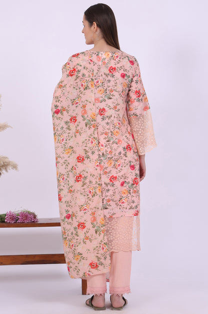 Orange Printed Straight Kurta with Trouser &amp; Dupatta Set