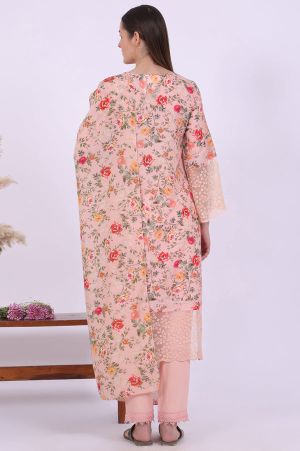 Orange Printed Straight Kurta with Trouser & Dupatta Set