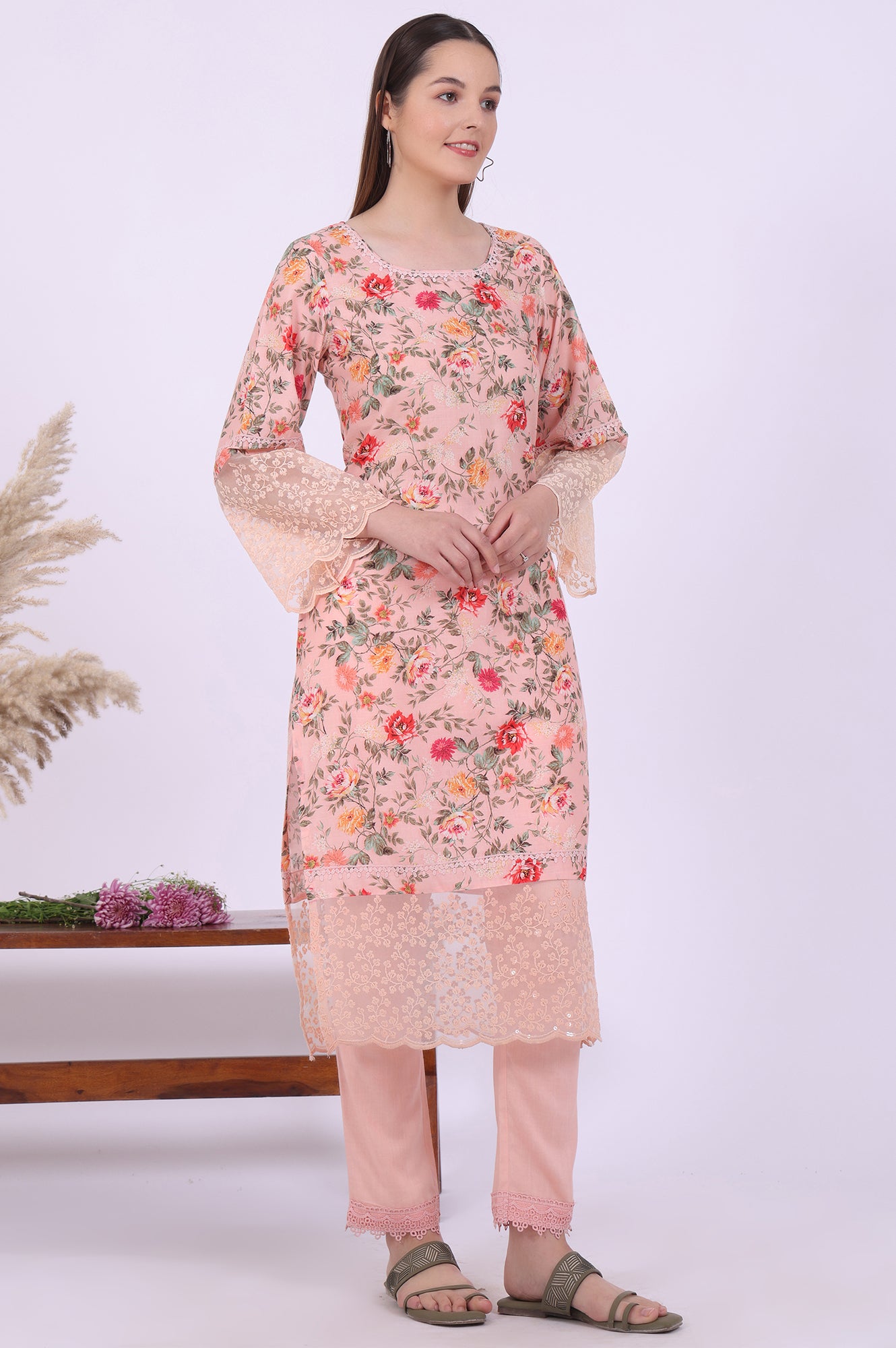 Orange Printed Straight Kurta with Trouser &amp; Dupatta Set