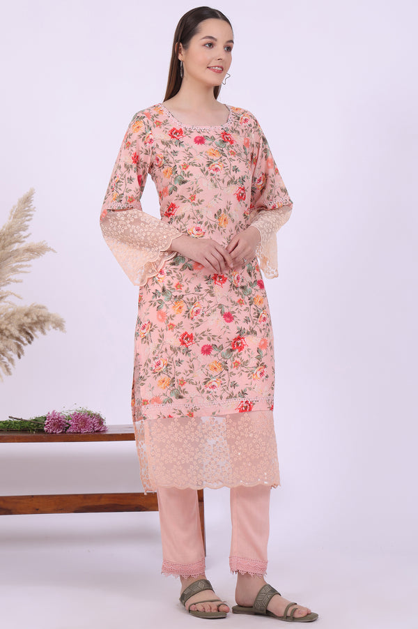 Orange Printed Straight Kurta with Trouser & Dupatta Set