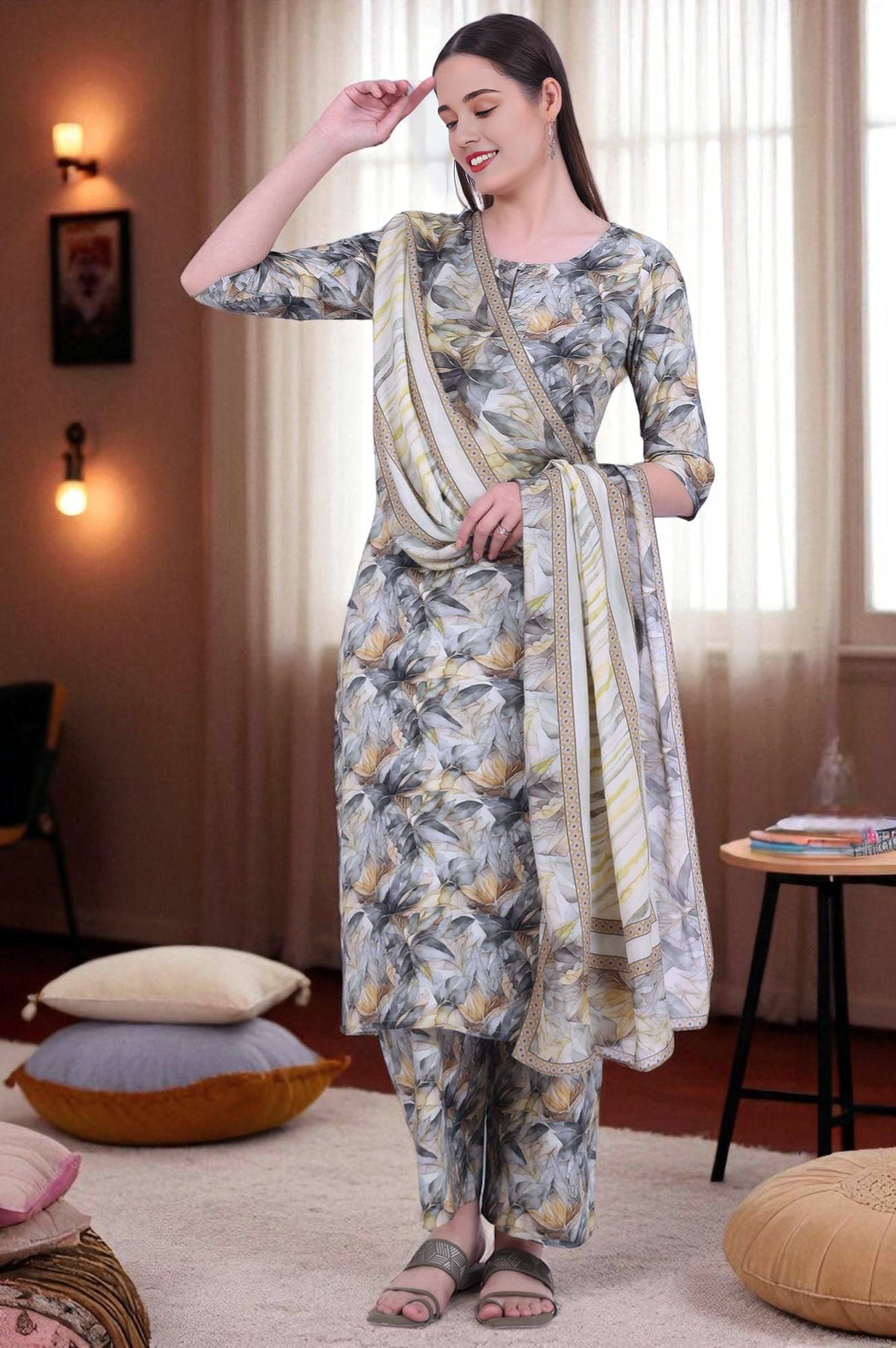 Grey Printed Pure Cotton Straight Kurta with Palazzo & Dupatta Set - S