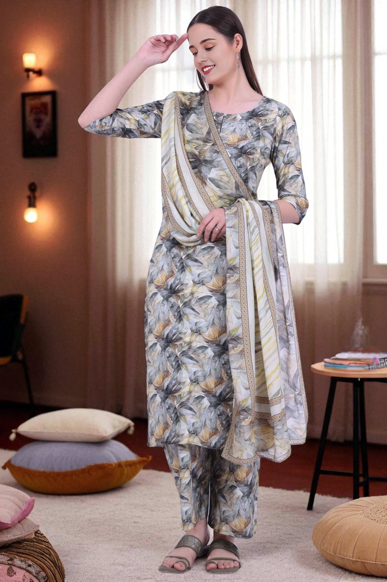 Grey Printed Pure Cotton Straight Kurta with Palazzo &amp; Dupatta Set