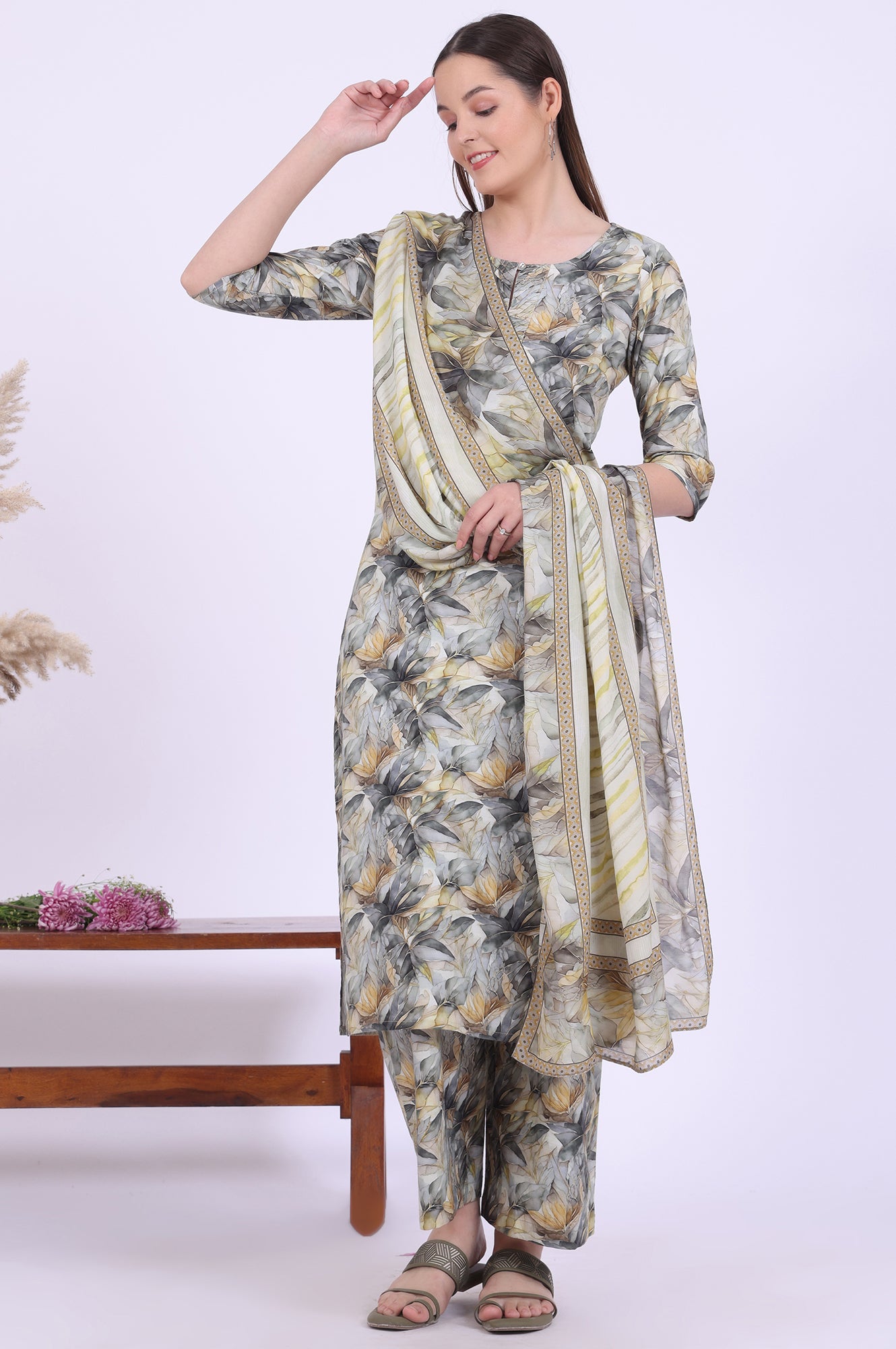 Grey Printed Pure Cotton Straight Kurta with Palazzo &amp; Dupatta Set