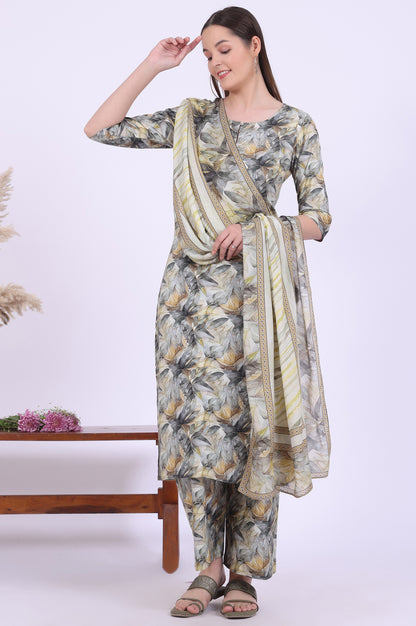 Grey Printed Pure Cotton Straight Kurta with Palazzo &amp; Dupatta Set