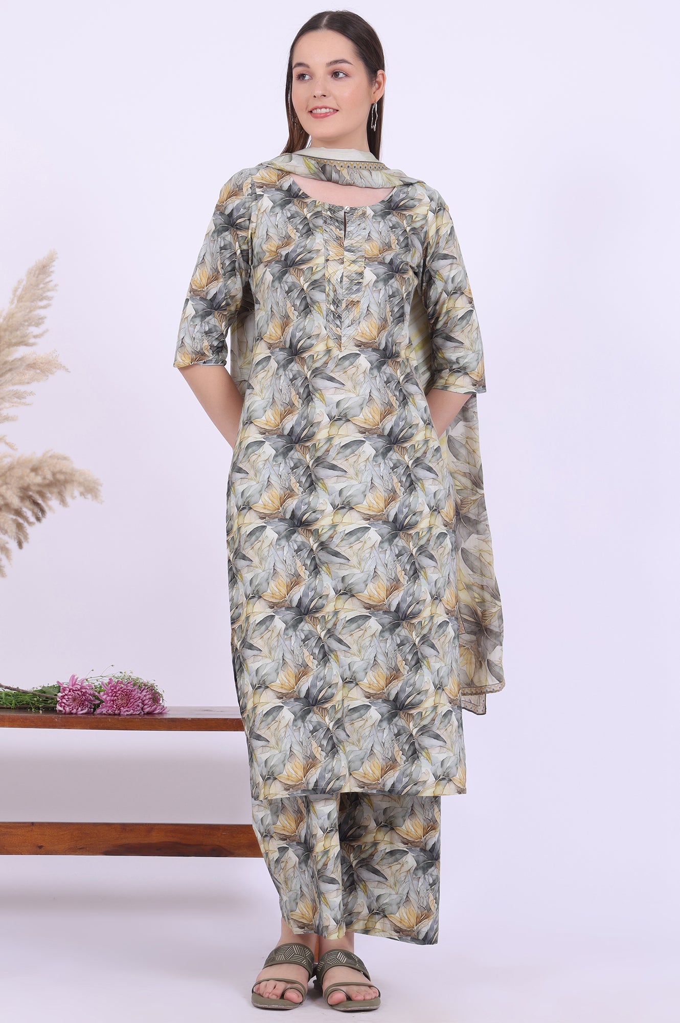 Grey Printed Pure Cotton Straight Kurta with Palazzo &amp; Dupatta Set