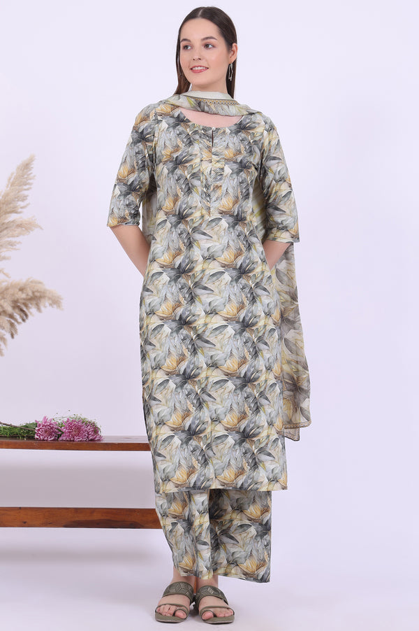 Grey Printed Pure Cotton Straight Kurta with Palazzo & Dupatta Set