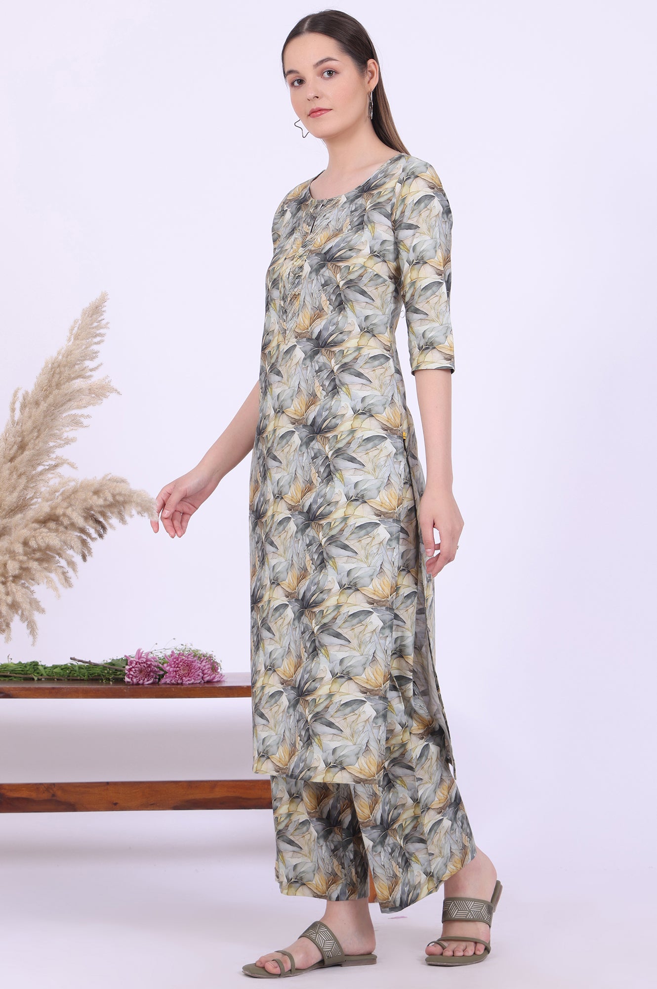 Grey Printed Pure Cotton Straight Kurta with Palazzo &amp; Dupatta Set