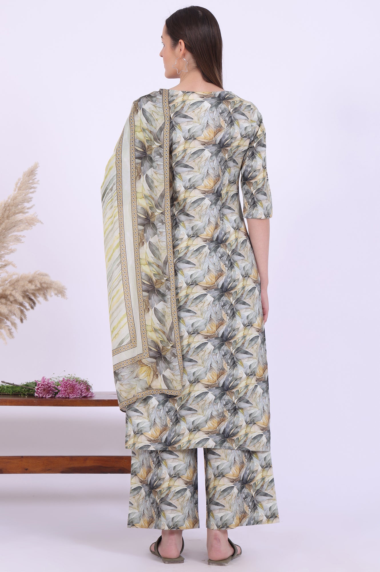 Grey Printed Pure Cotton Straight Kurta with Palazzo &amp; Dupatta Set