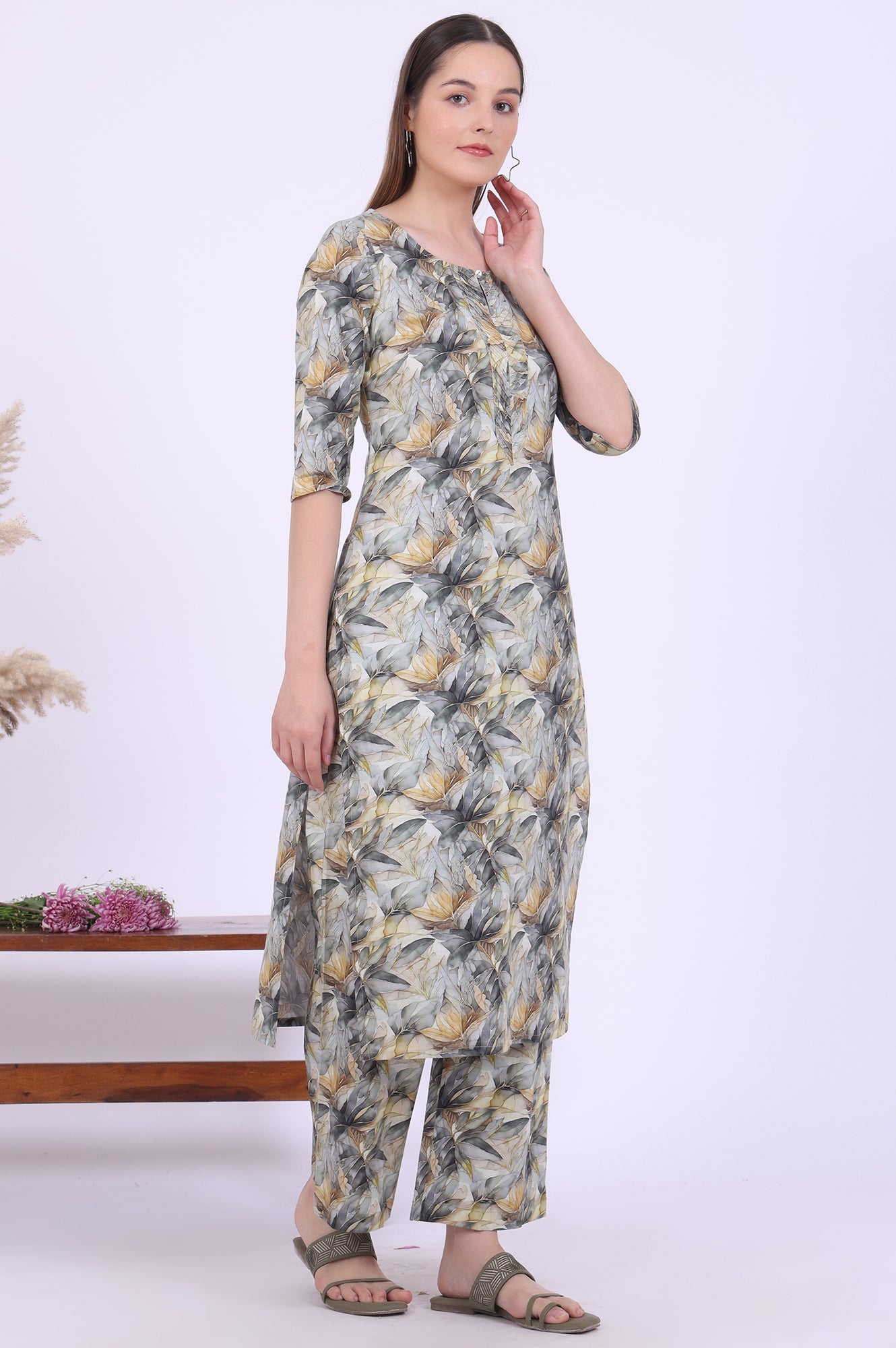 Grey Printed Pure Cotton Straight Kurta with Palazzo &amp; Dupatta Set