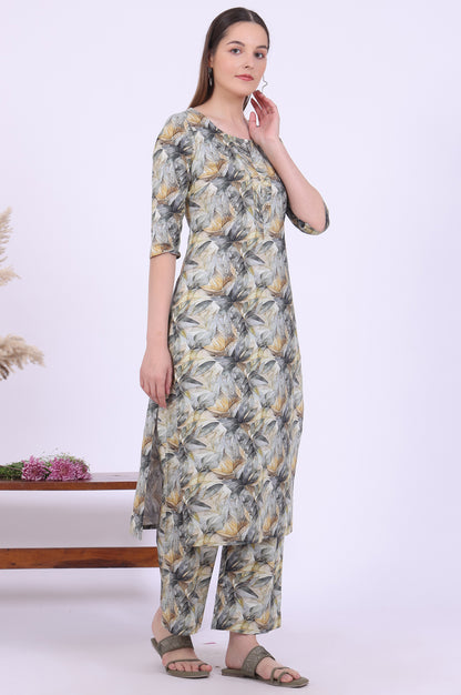 Grey Printed Pure Cotton Straight Kurta with Palazzo &amp; Dupatta Set