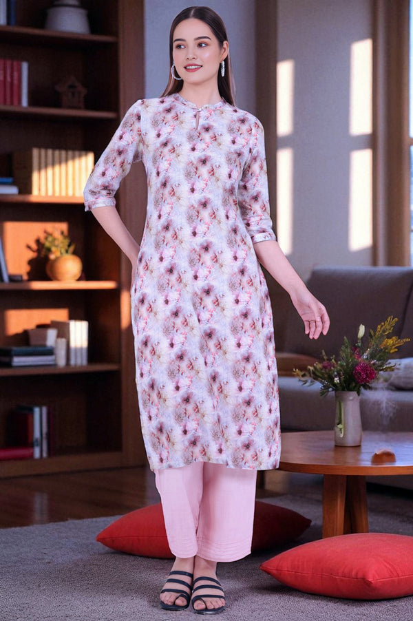 Purple Printed Pure Cotton Straight Kurta with Palazzo & Dupatta Set