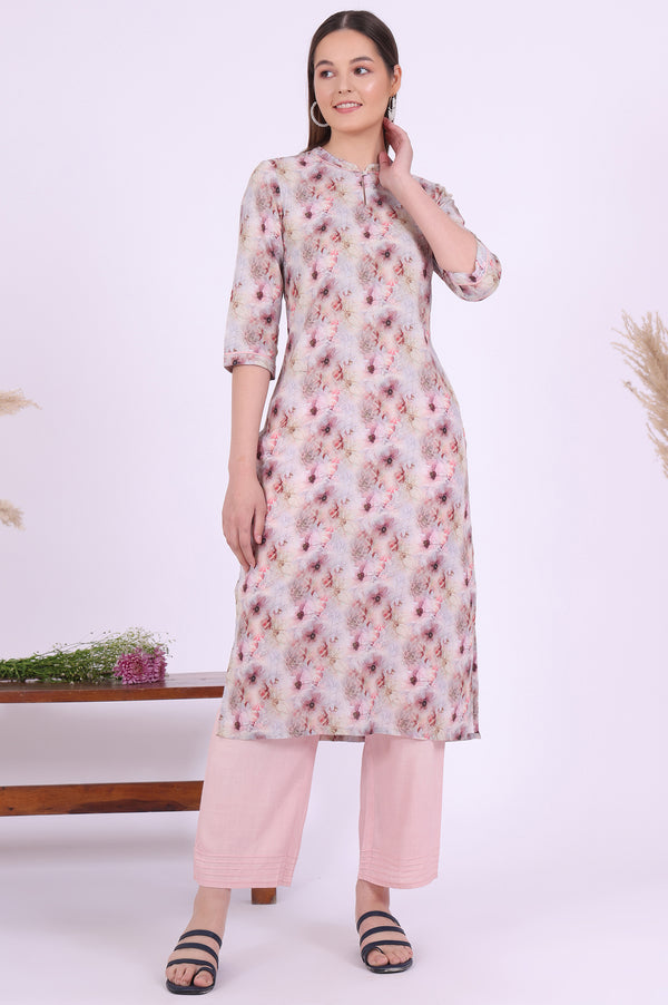 Purple Printed Pure Cotton Straight Kurta with Palazzo & Dupatta Set