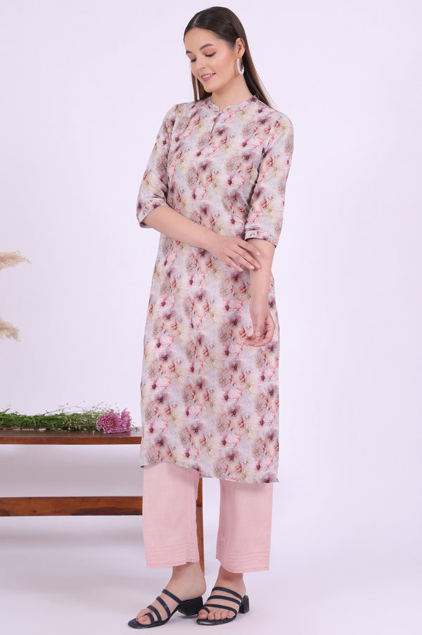 Purple Printed Pure Cotton Straight Kurta with Palazzo & Dupatta Set