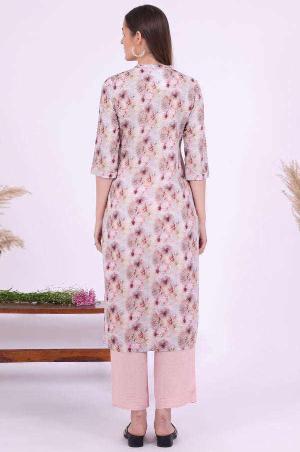 Purple Printed Pure Cotton Straight Kurta with Palazzo & Dupatta Set