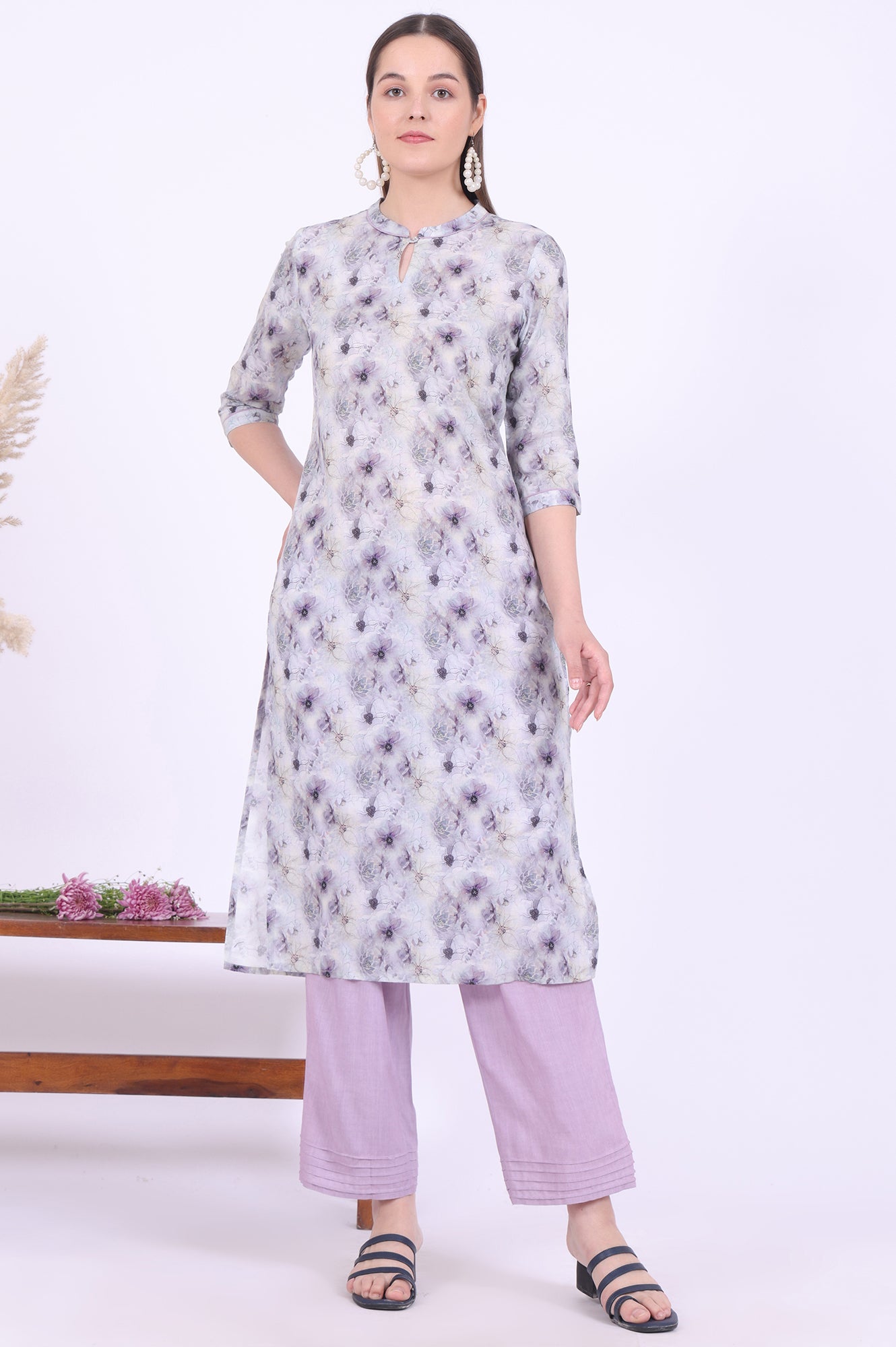 Purple Printed Pure Cotton Straight Kurta with Palazzo &amp; Dupatta Set