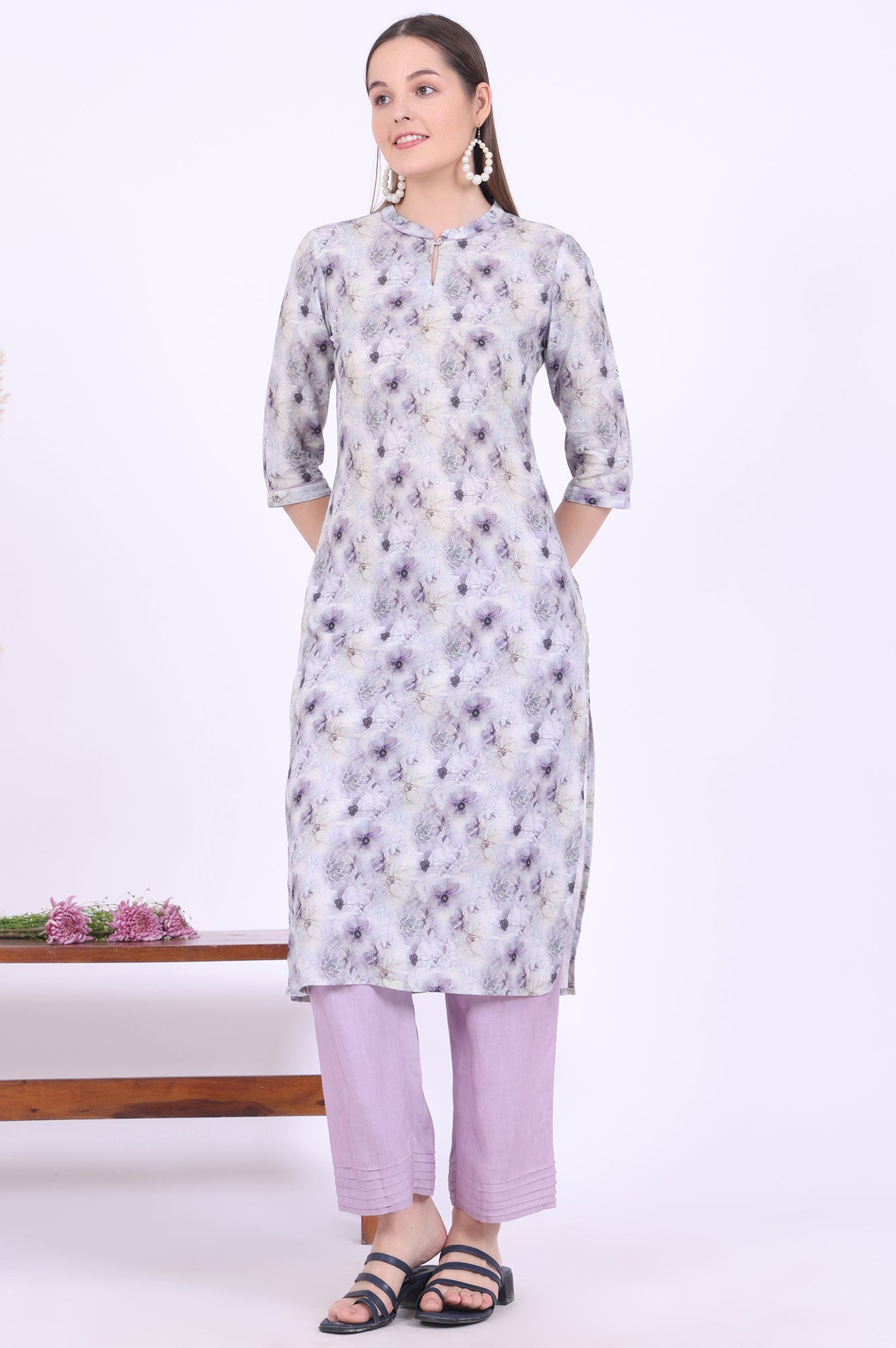 Purple Printed Pure Cotton Straight Kurta with Palazzo &amp; Dupatta Set