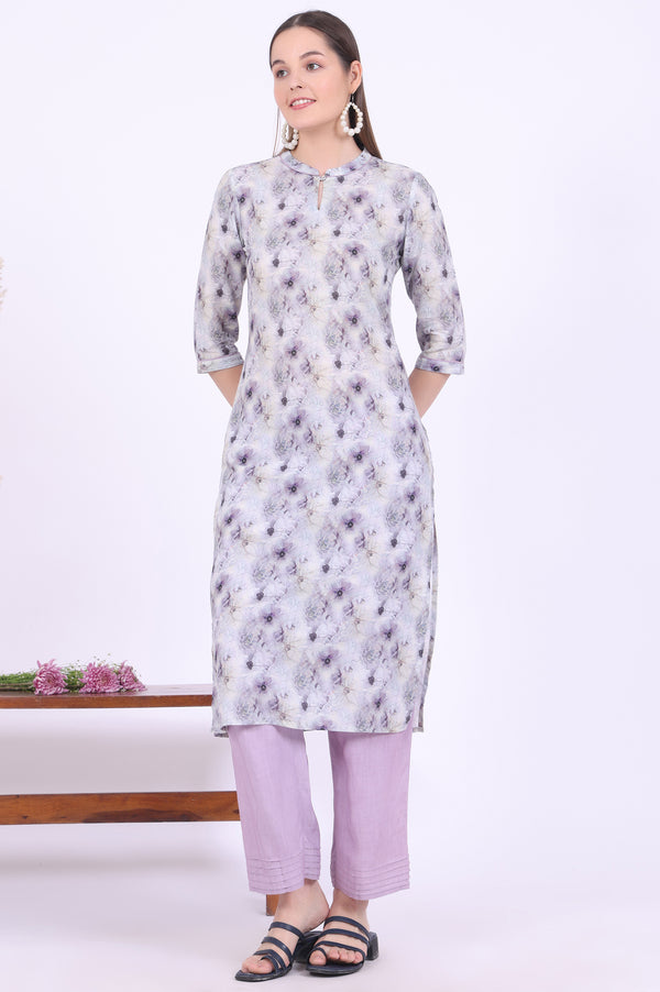 Purple Printed Pure Cotton Straight Kurta with Palazzo & Dupatta Set