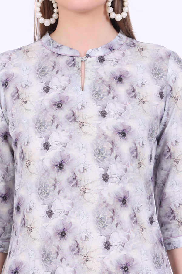 Purple Printed Pure Cotton Straight Kurta with Palazzo & Dupatta Set
