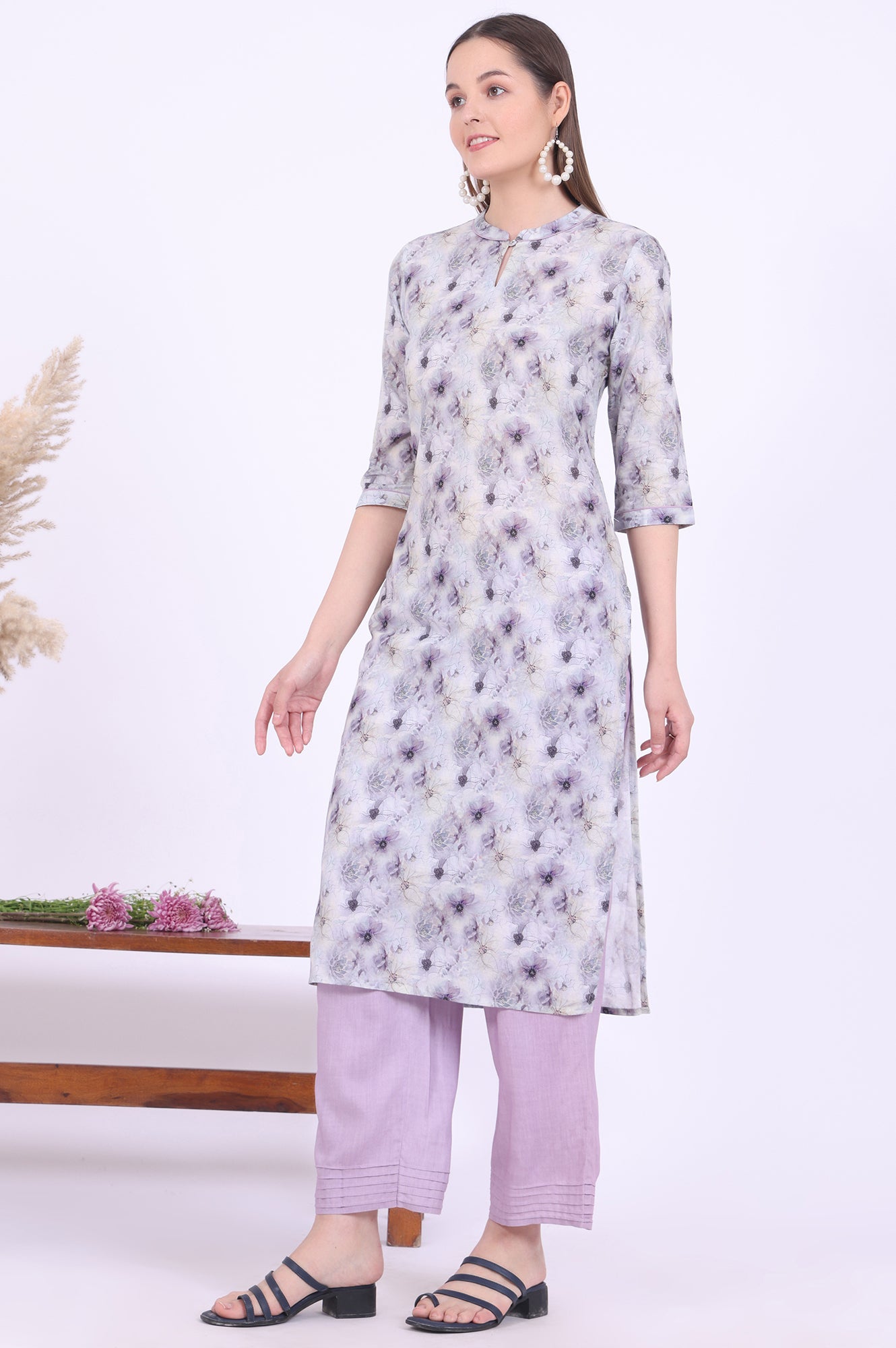 Purple Printed Pure Cotton Straight Kurta with Palazzo &amp; Dupatta Set