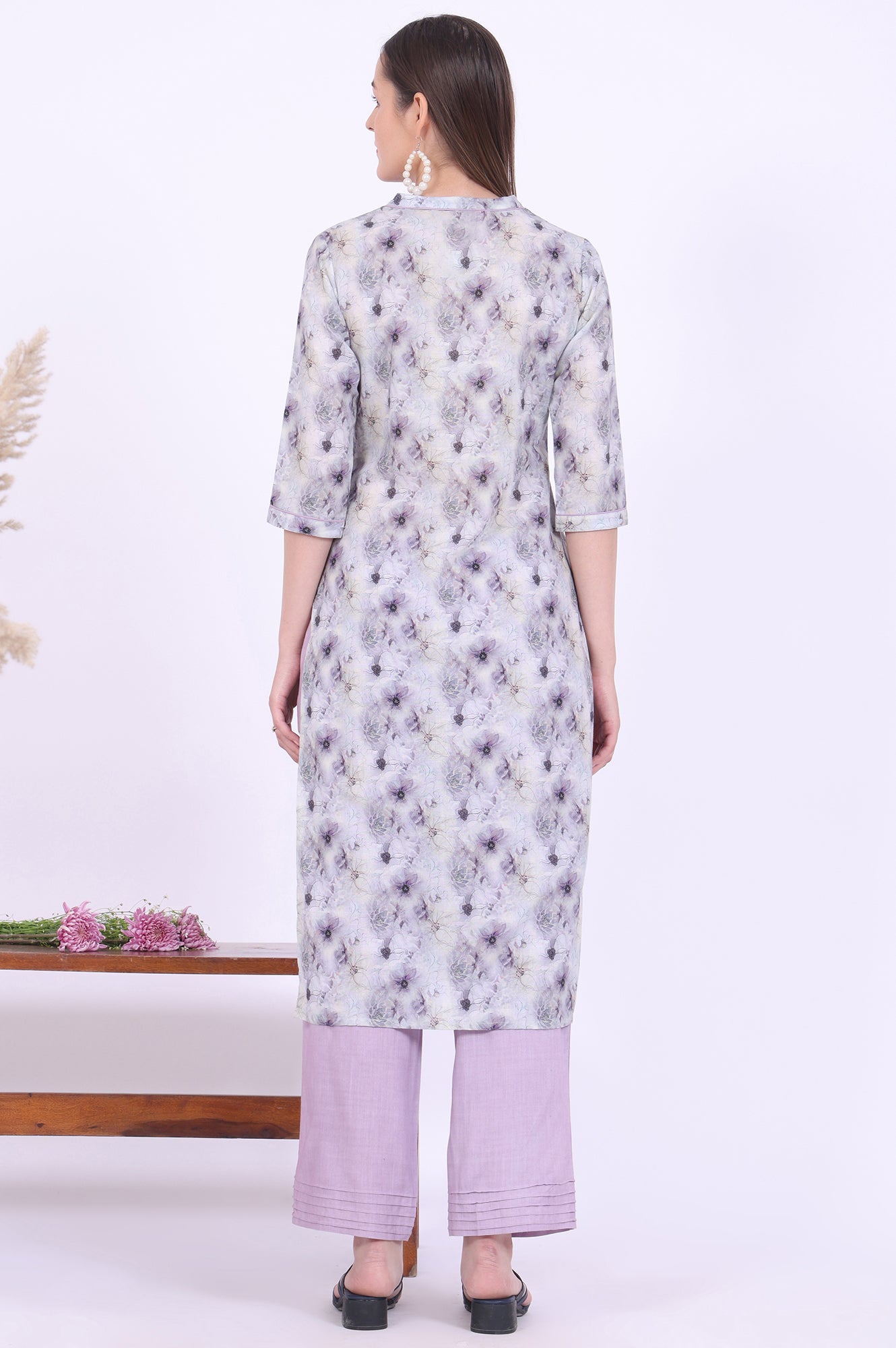 Purple Printed Pure Cotton Straight Kurta with Palazzo &amp; Dupatta Set