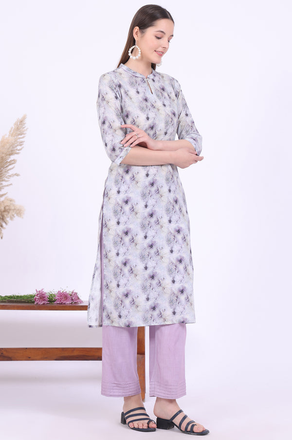 Purple Printed Pure Cotton Straight Kurta with Palazzo & Dupatta Set