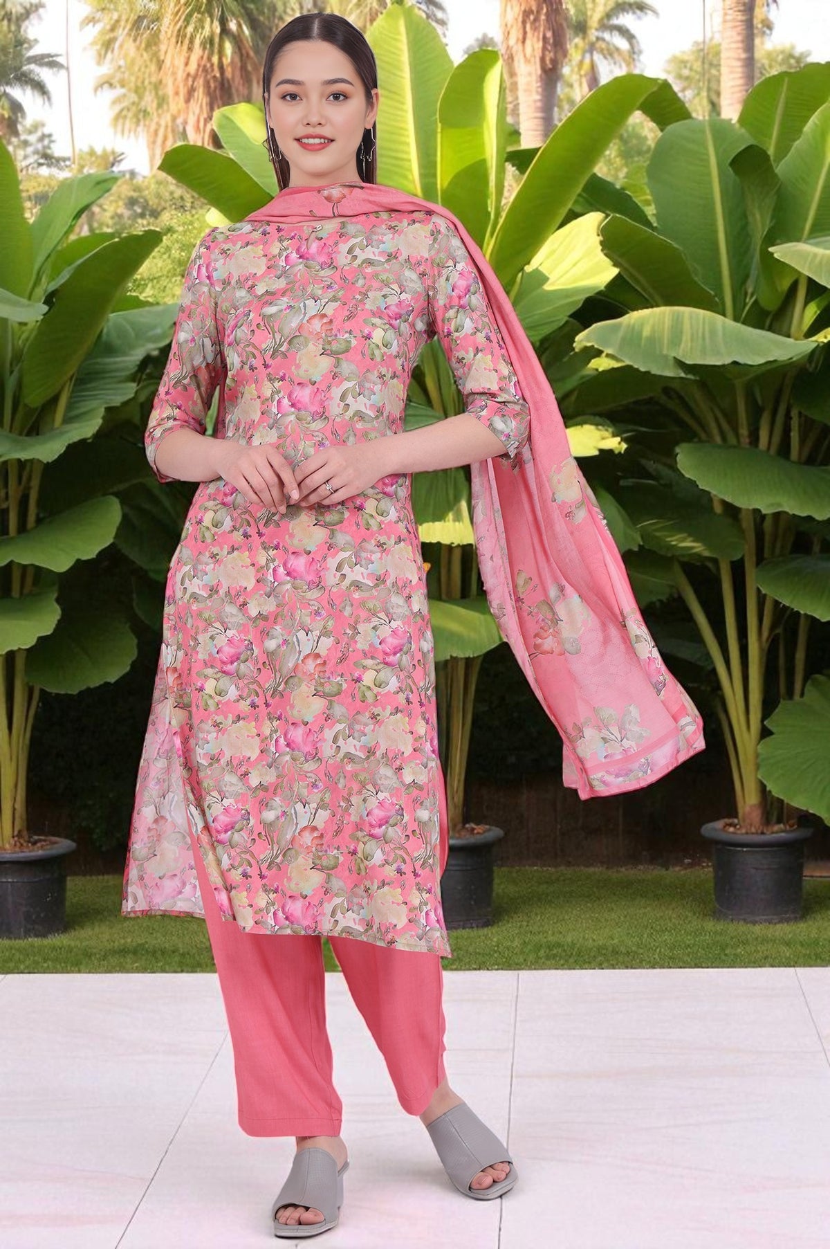 Pink Printed Straight Kurta with Palazzo & Dupatta Set - S