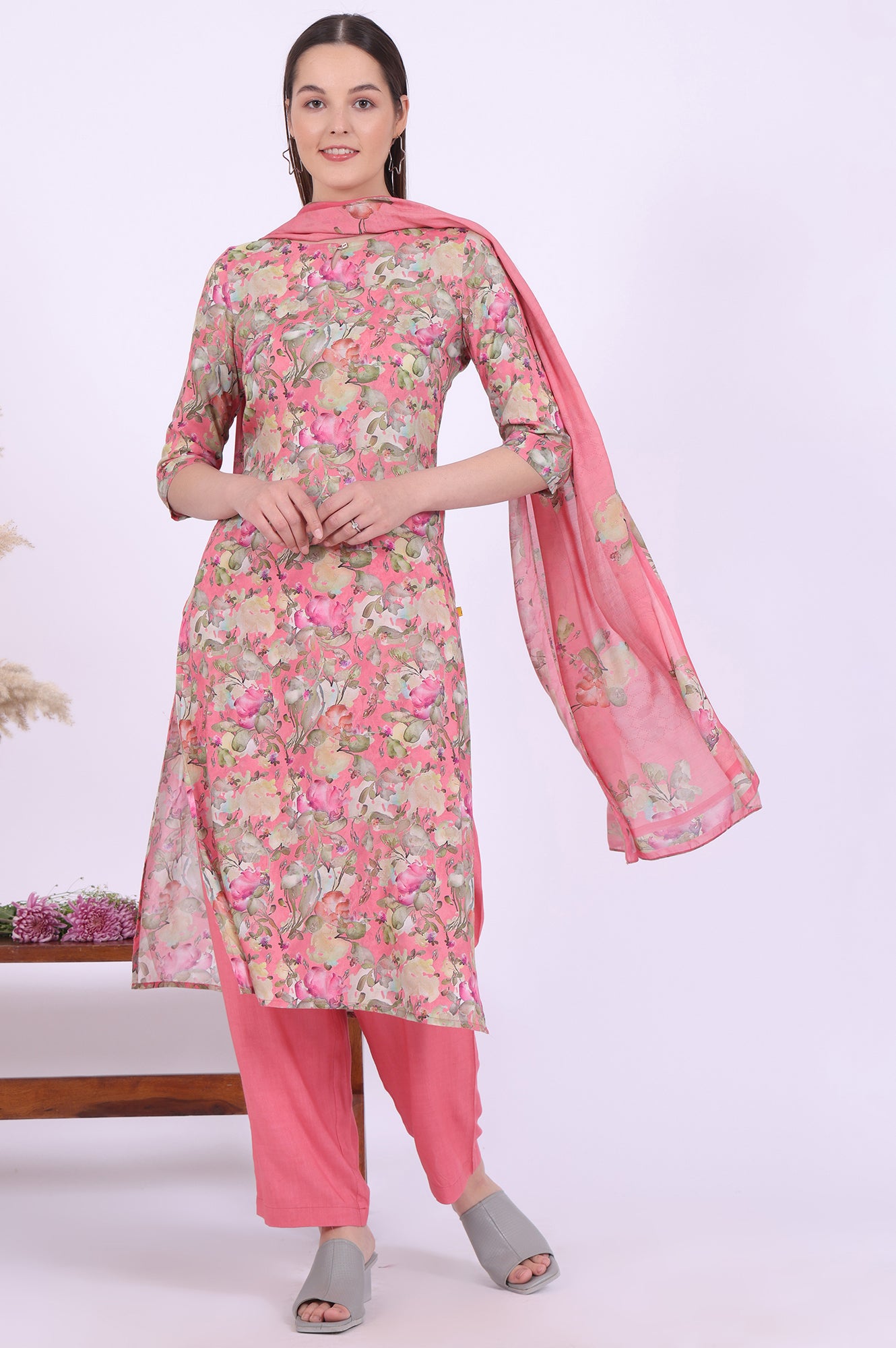 Pink Printed Straight Kurta with Palazzo &amp; Dupatta Set