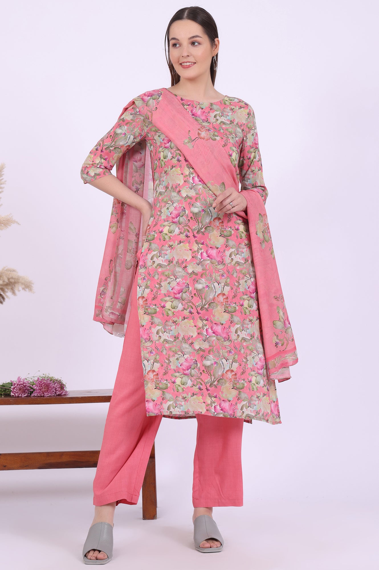 Pink Printed Straight Kurta with Palazzo &amp; Dupatta Set