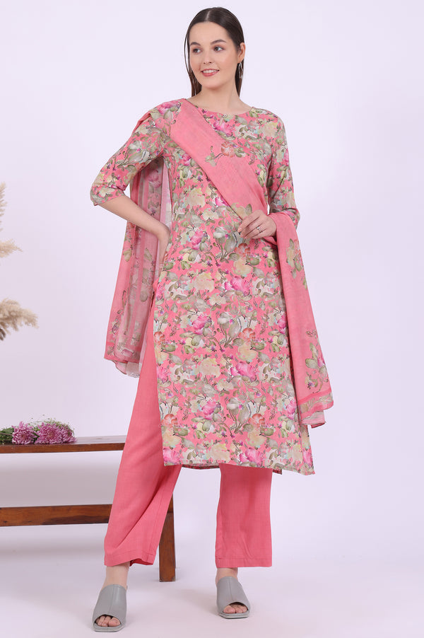 Pink Printed Straight Kurta with Palazzo & Dupatta Set