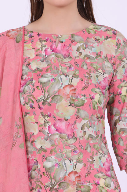 Pink Printed Straight Kurta with Palazzo &amp; Dupatta Set