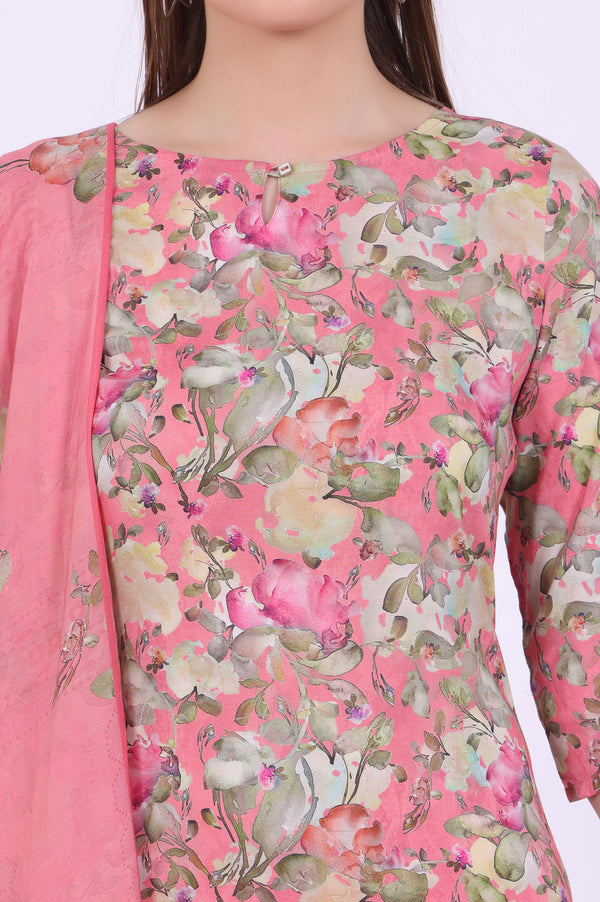 Pink Printed Straight Kurta with Palazzo & Dupatta Set
