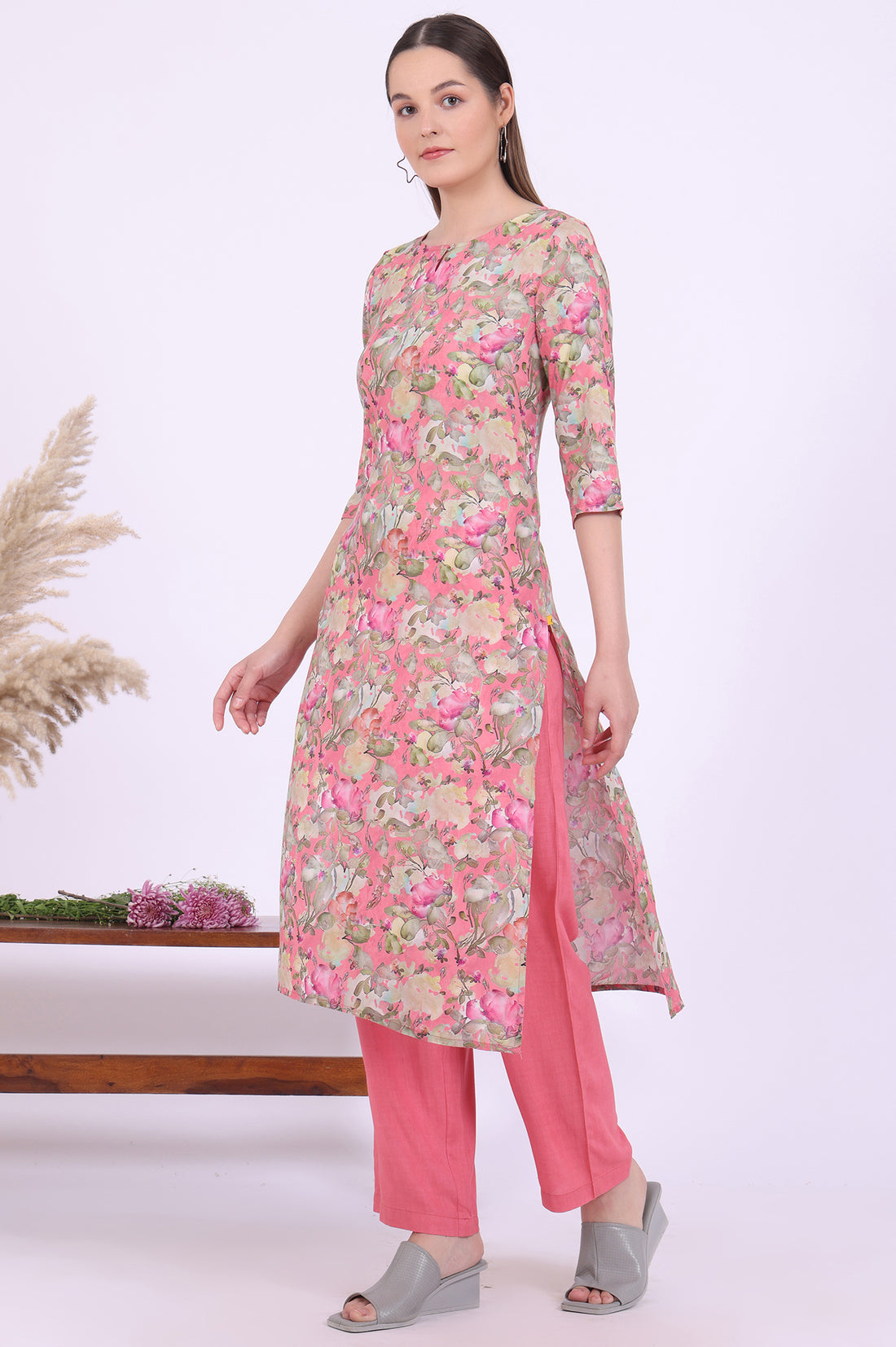 Pink Printed Straight Kurta with Palazzo &amp; Dupatta Set