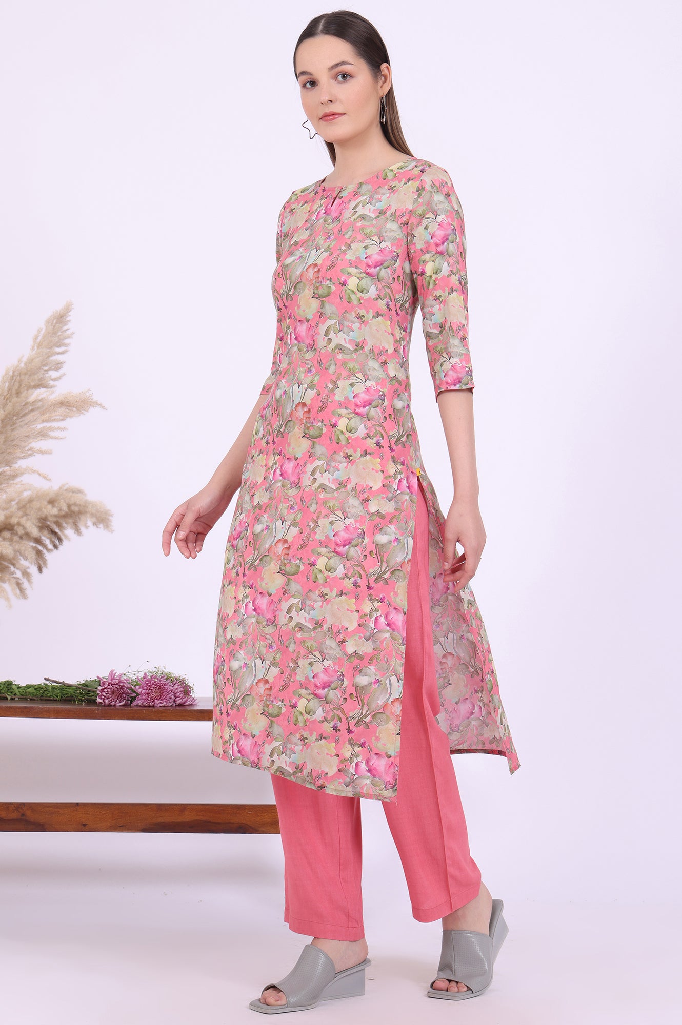 Pink Printed Straight Kurta with Palazzo &amp; Dupatta Set