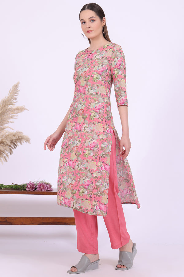 Pink Printed Straight Kurta with Palazzo & Dupatta Set