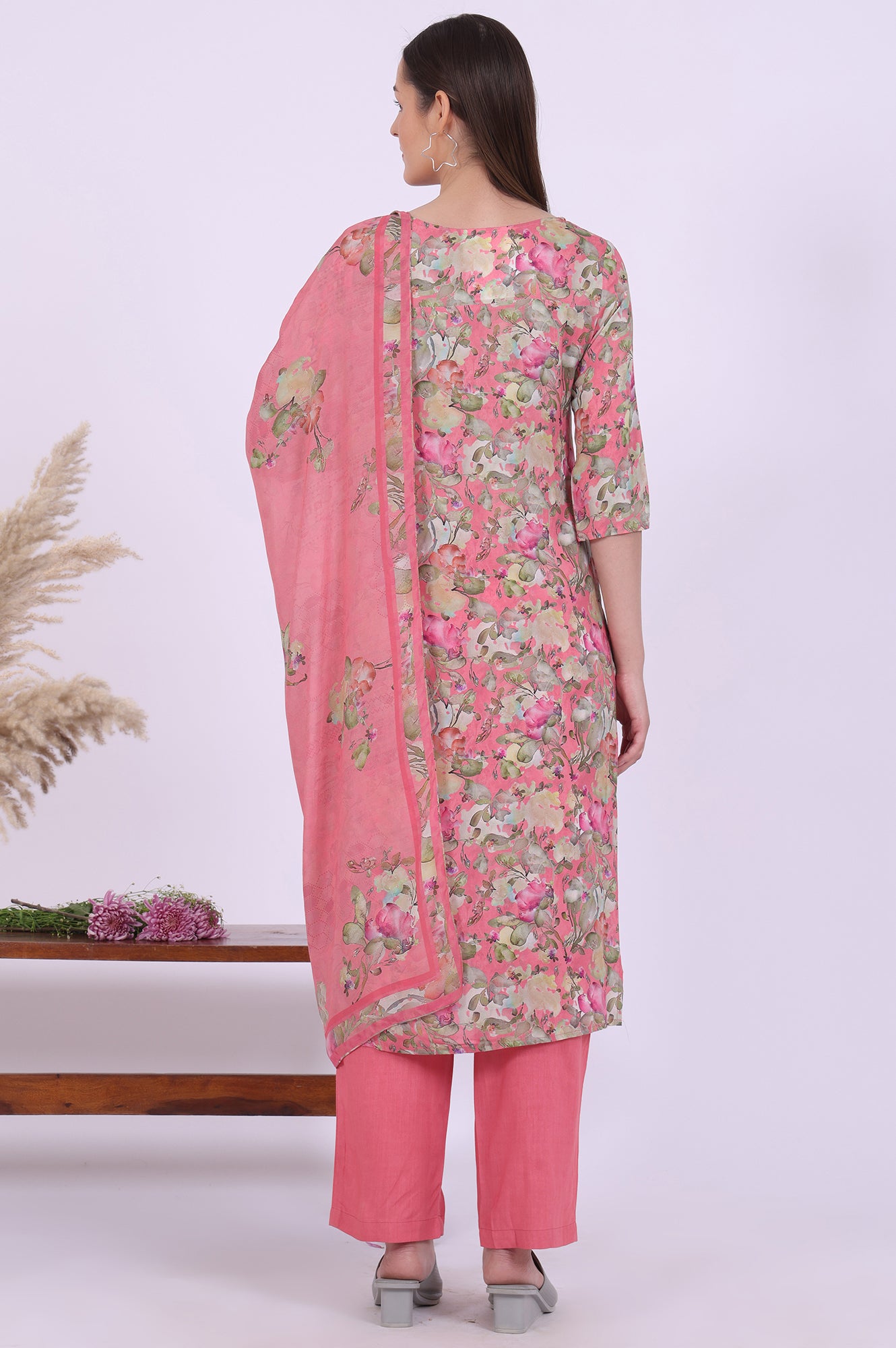 Pink Printed Straight Kurta with Palazzo &amp; Dupatta Set