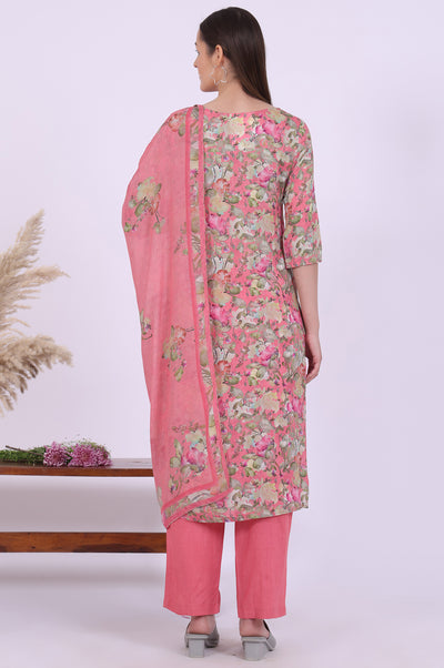 Pink Printed Straight Kurta with Palazzo & Dupatta Set