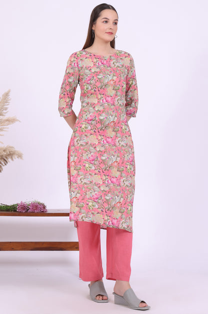 Pink Printed Straight Kurta with Palazzo &amp; Dupatta Set