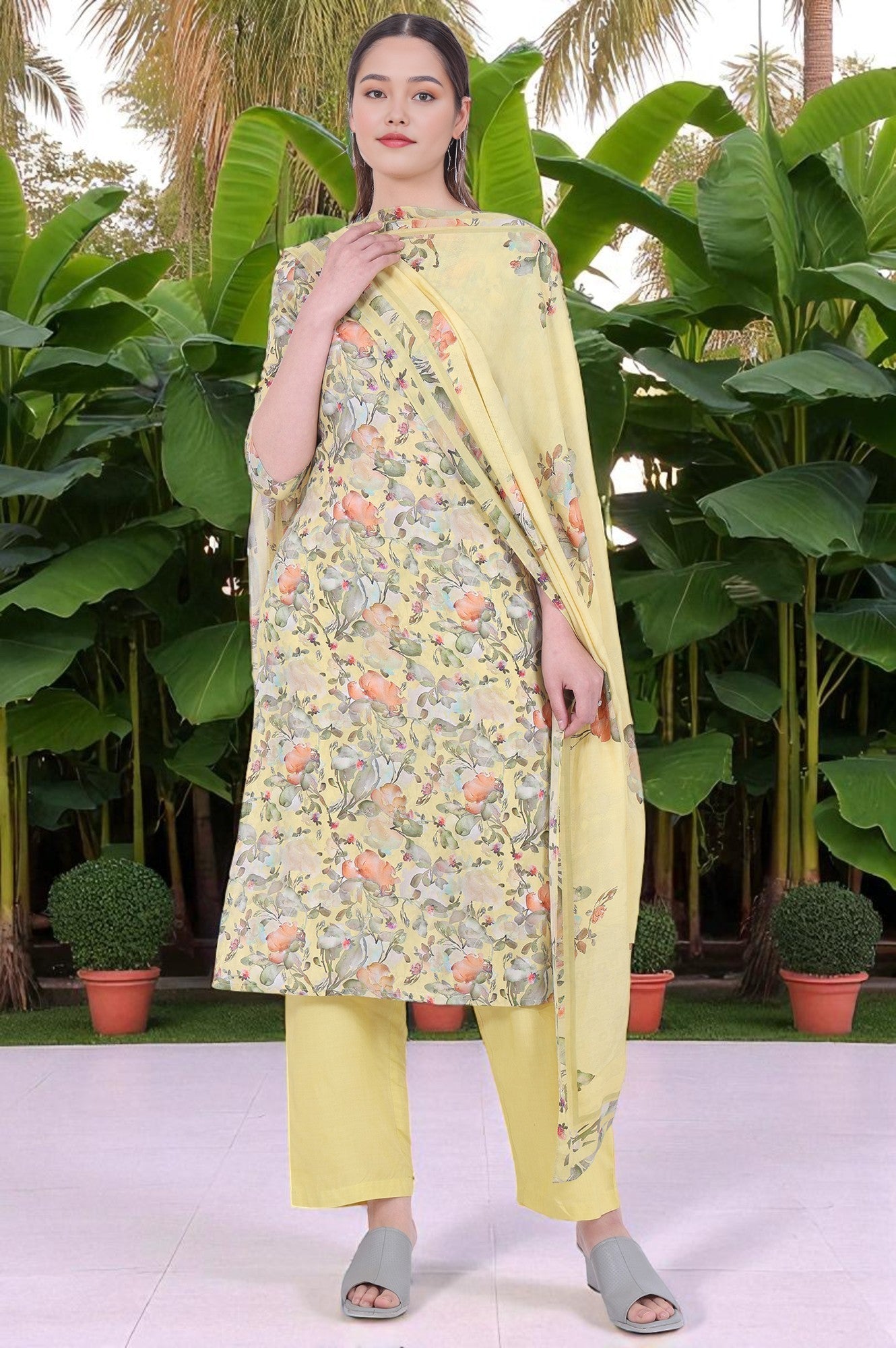 Yellow Printed Straight Kurta with Palazzo &amp; Dupatta Set