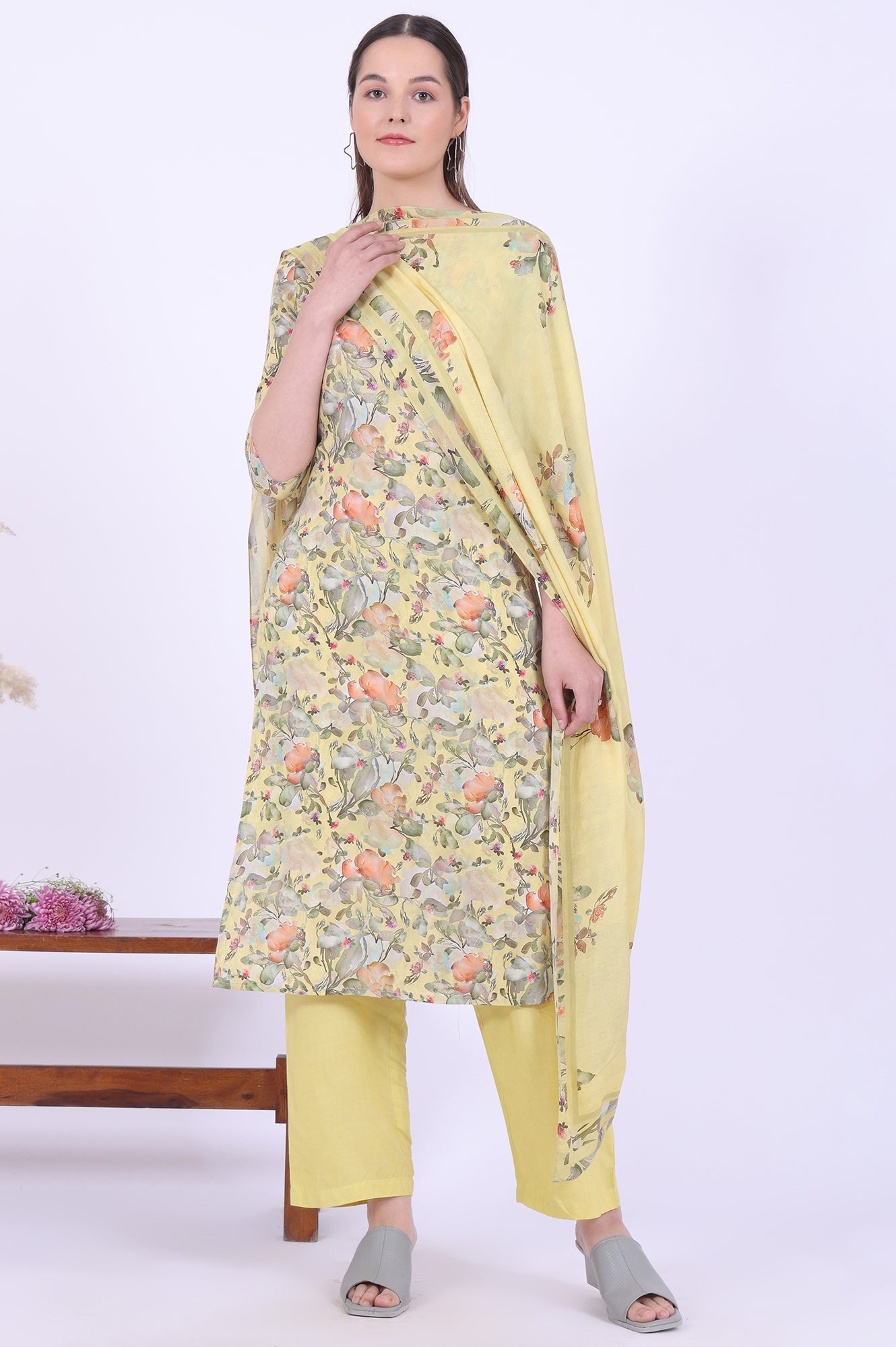 Yellow Printed Straight Kurta with Palazzo &amp; Dupatta Set