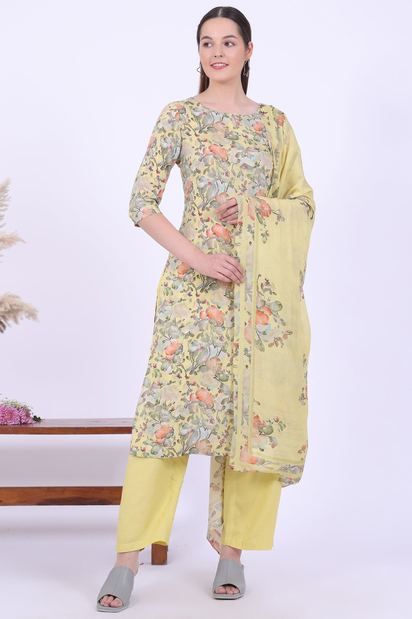 Yellow Printed Straight Kurta with Palazzo &amp; Dupatta Set