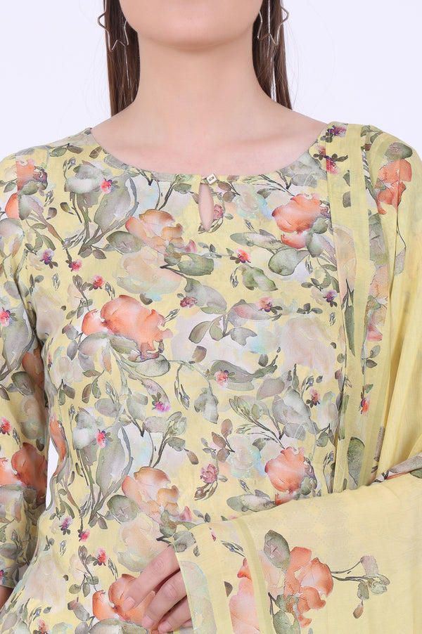 Yellow Printed Straight Kurta with Palazzo & Dupatta Set