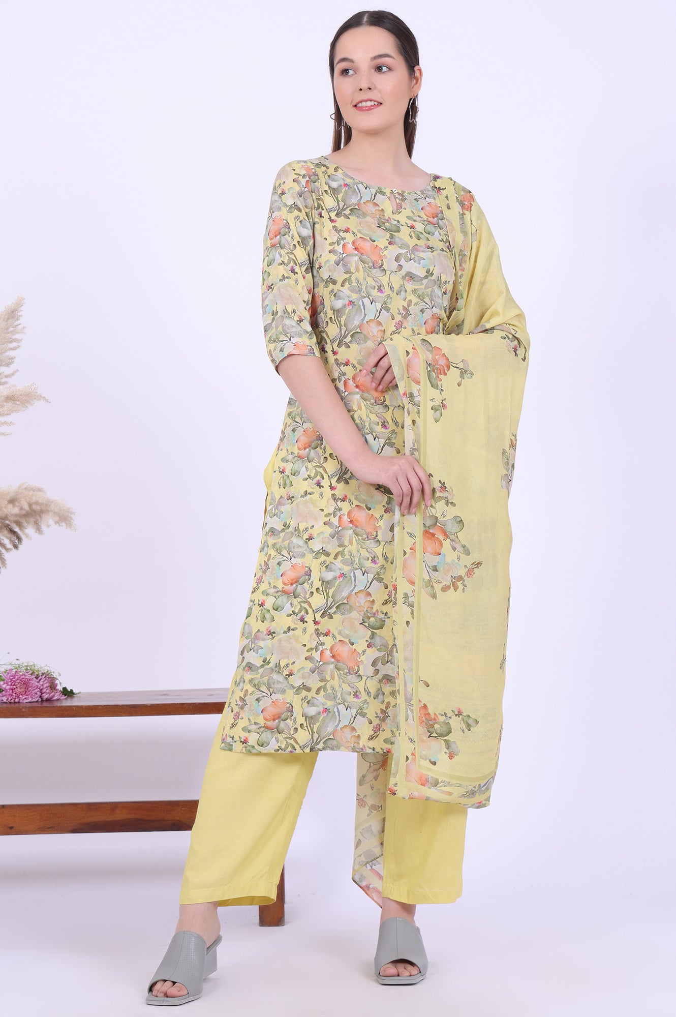 Yellow Printed Straight Kurta with Palazzo &amp; Dupatta Set