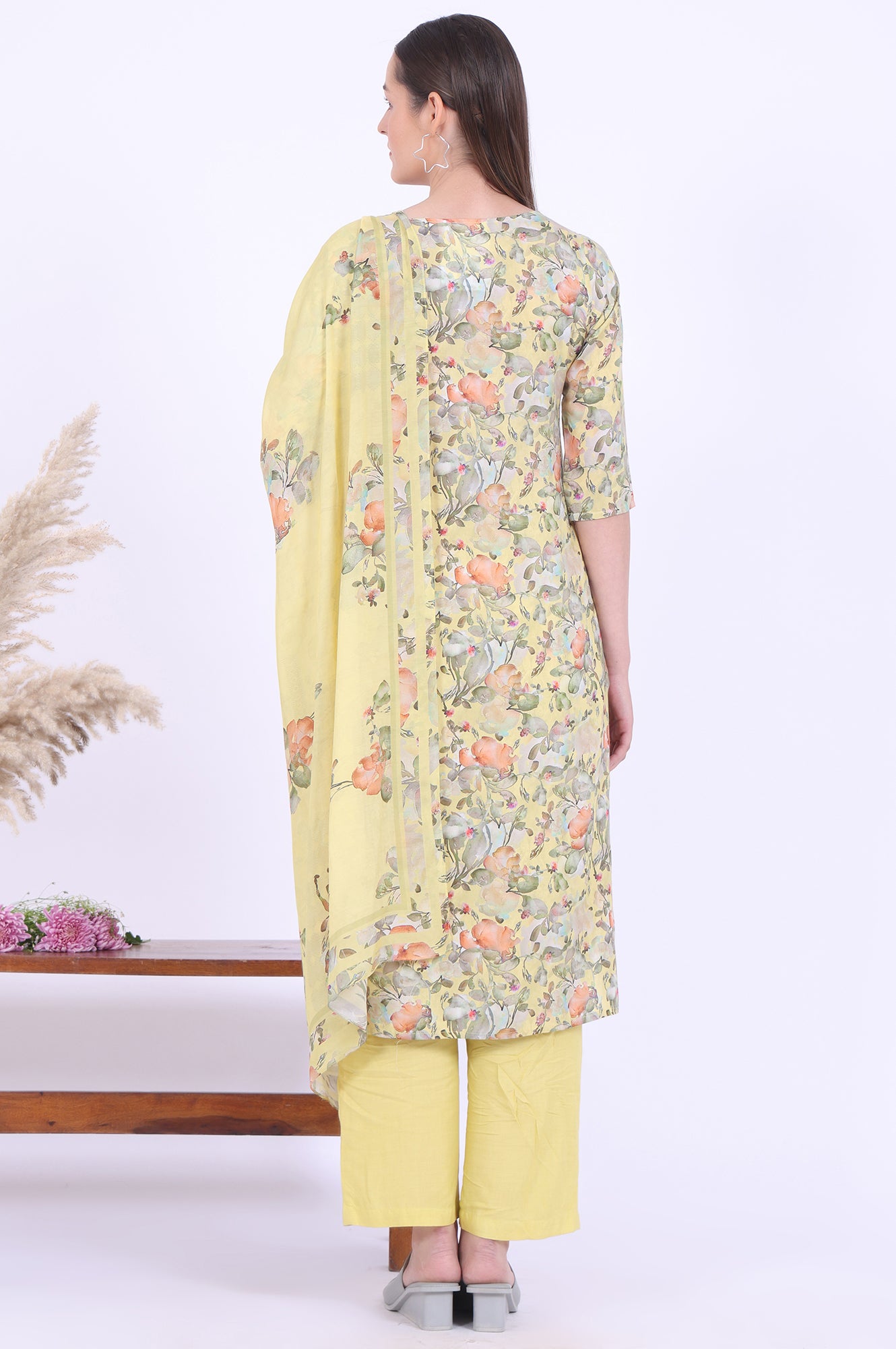 Yellow Printed Straight Kurta with Palazzo &amp; Dupatta Set