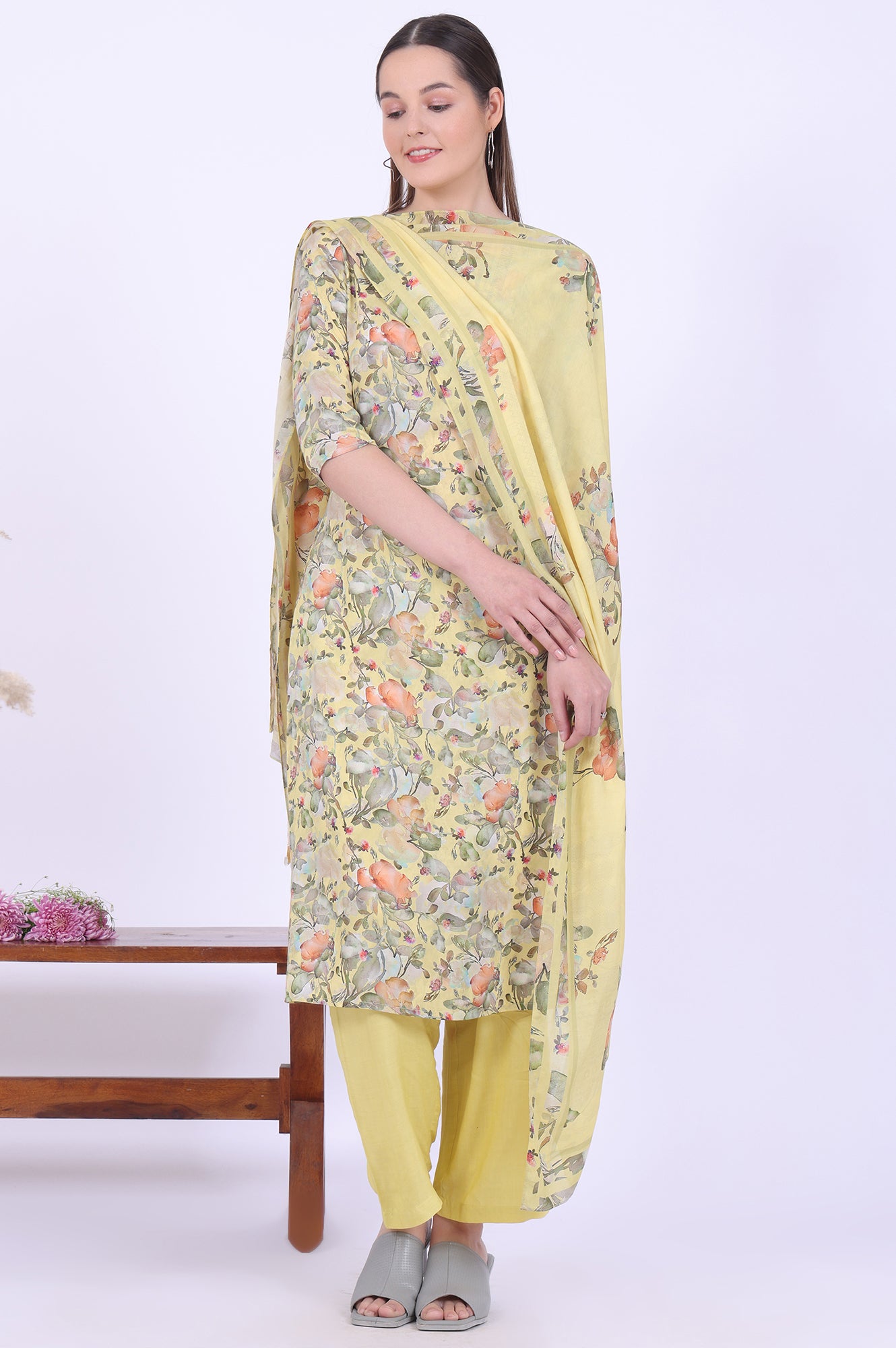 Yellow Printed Straight Kurta with Palazzo &amp; Dupatta Set