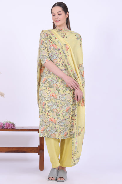 Yellow Printed Straight Kurta with Palazzo &amp; Dupatta Set