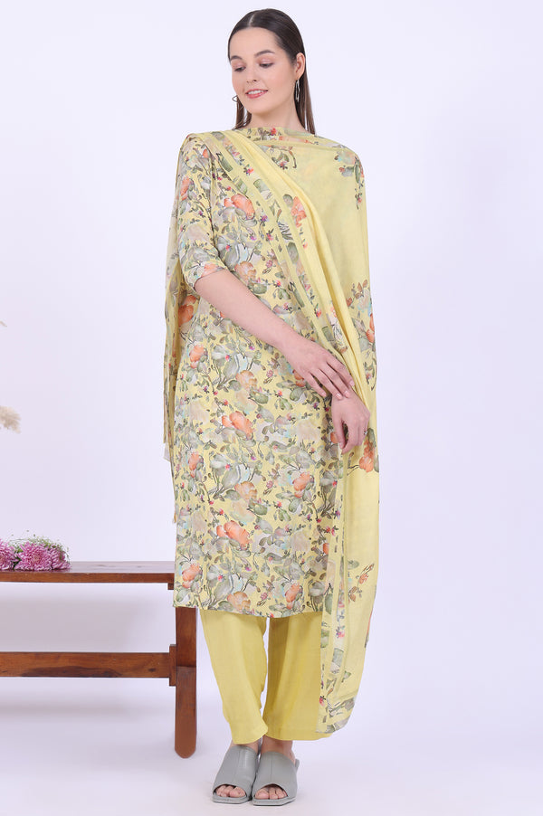 Yellow Printed Straight Kurta with Palazzo & Dupatta Set