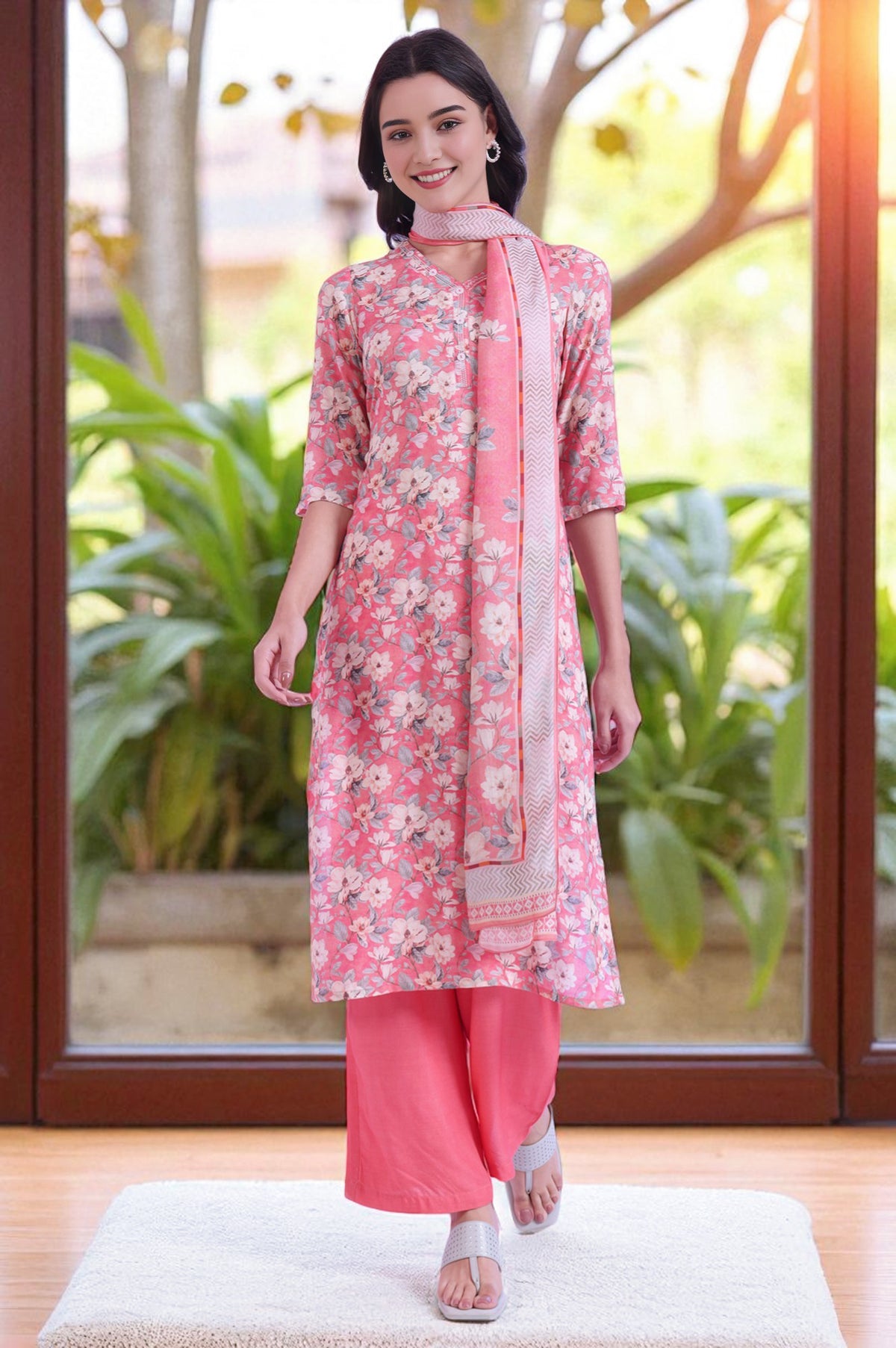 Pink Printed Straight Kurta with Palazzo & Dupatta Set - S
